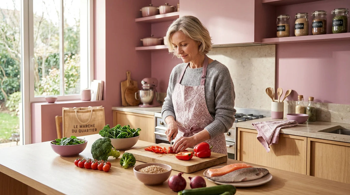 Femme européenne d'une cinquantaine d'années préparant un repas sain et coloré dans une cuisine lumineuse