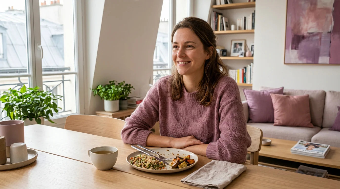 Personne détendue après un repas équilibré, symbole d'un bon confort digestif