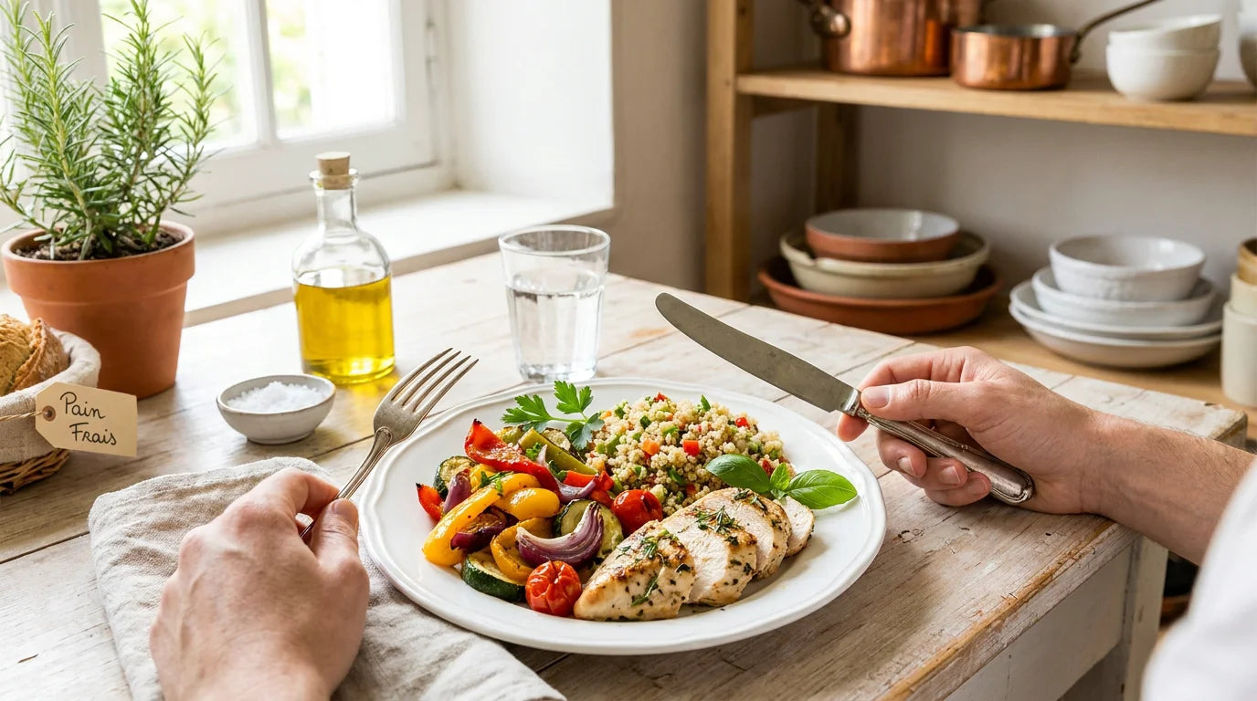 Assiette équilibrée avec poulet grillé, quinoa et légumes rôtis pour un repas diététique rapide