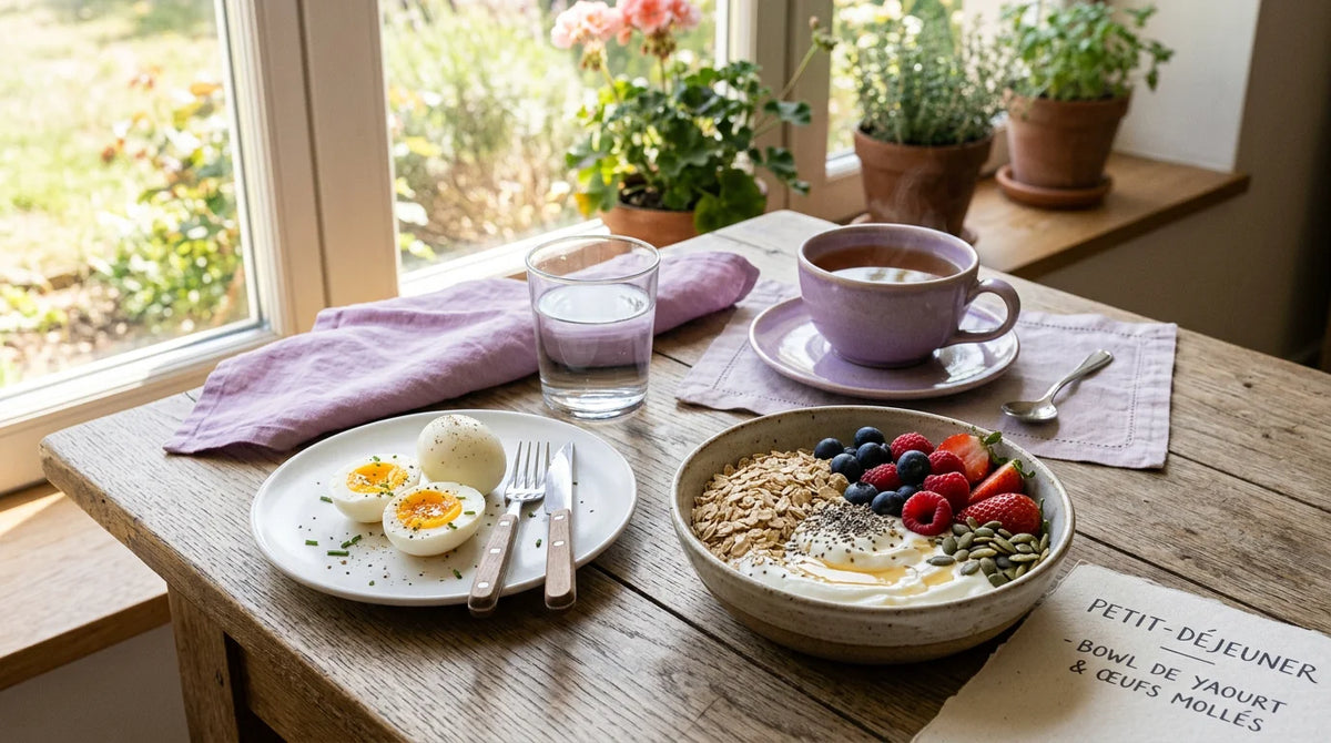 Petit-déjeuner sain et équilibré près d'une fenêtre ensoleillée