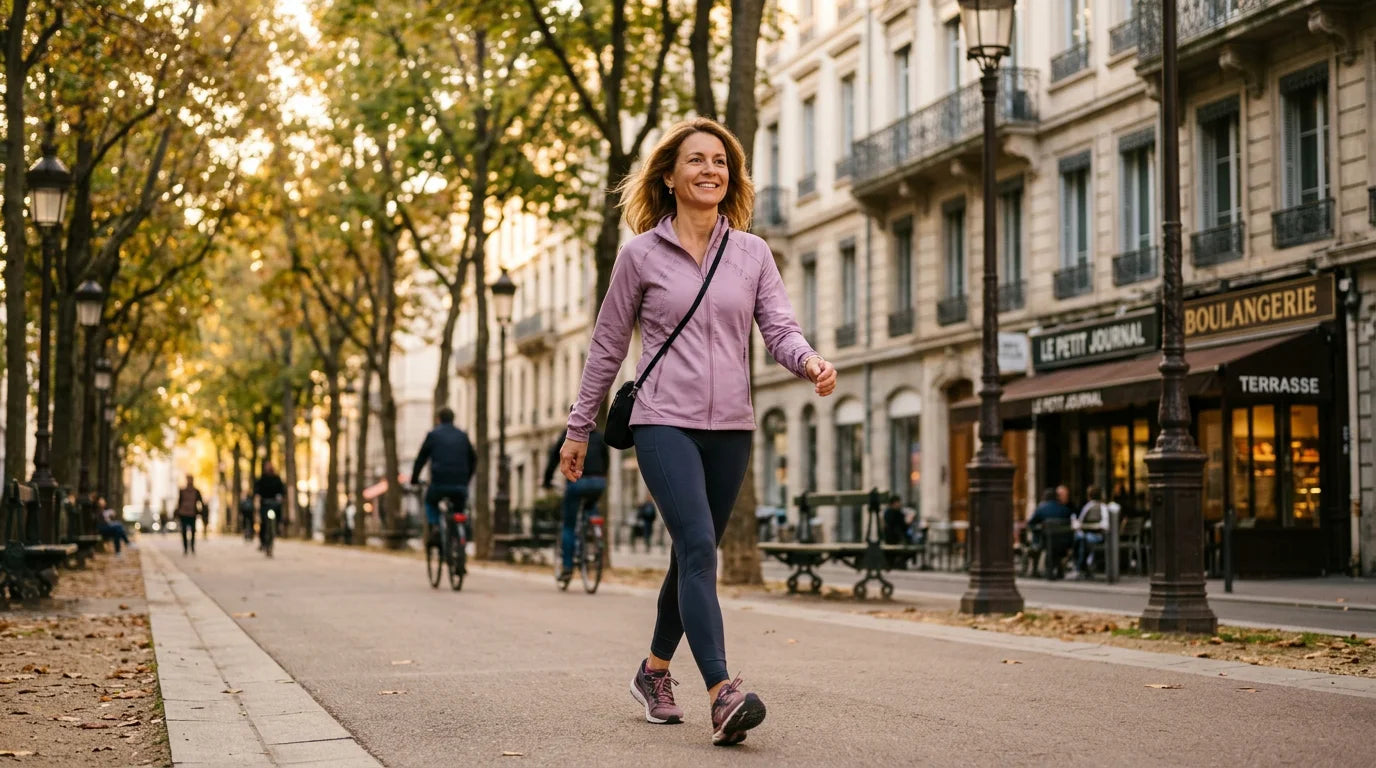 Femme marchant à vive allure en ville pour favoriser sa perte de poids