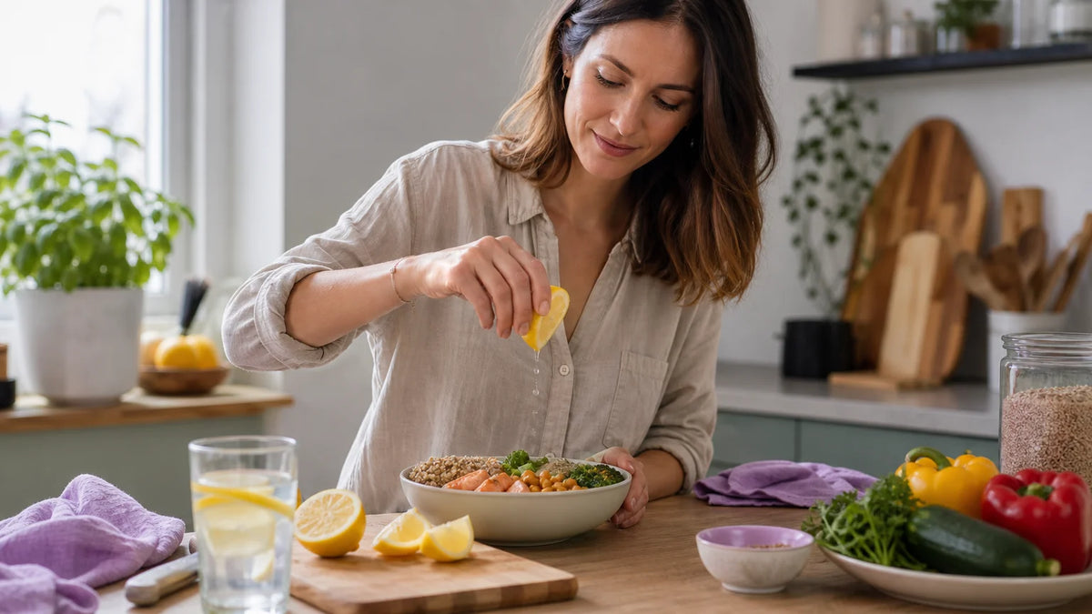 Femme préparant une eau citronnée avec un repas équilibré