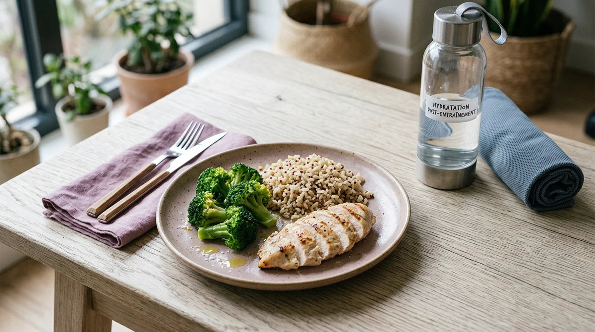Assiette équilibrée de poulet, riz et brocoli pour la récupération après le sport