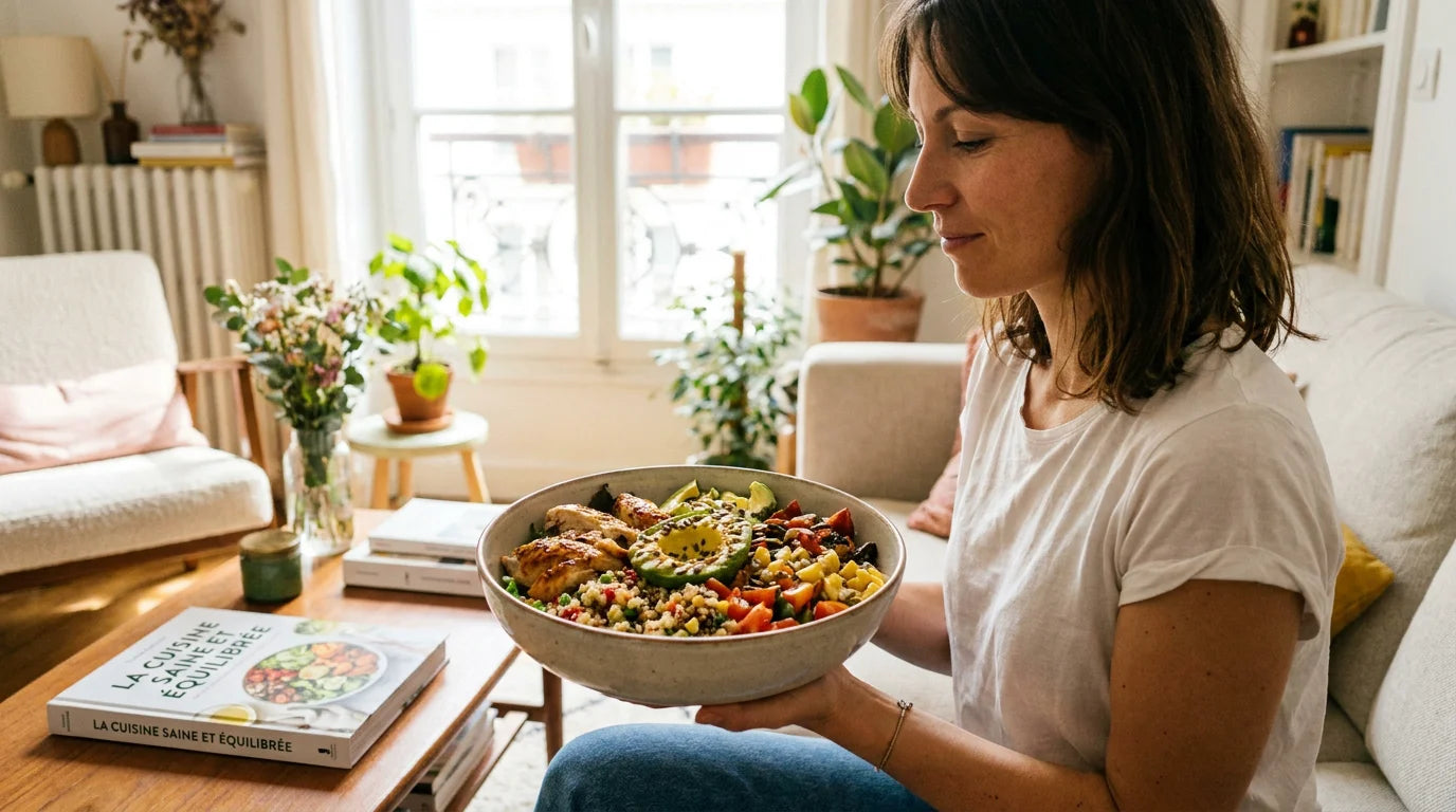 Femme détendue savourant un repas équilibré dans un bol coloré