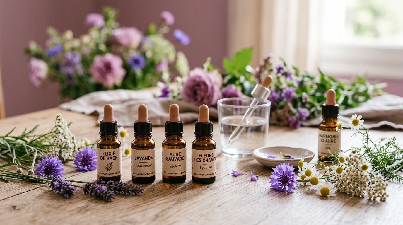 Flacons d'élixirs floraux et fleurs sauvages sur une table en bois