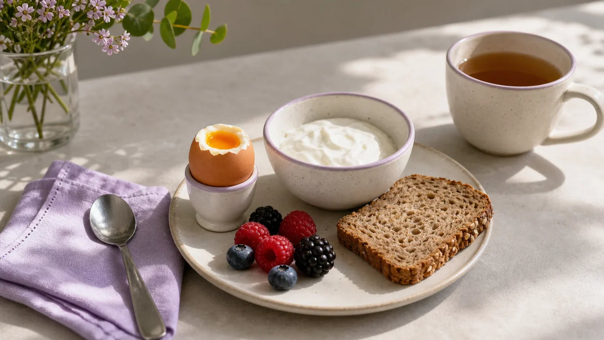 Petit-déjeuner équilibré et de petit volume avec skyr, œuf, pain complet et fruits rouges