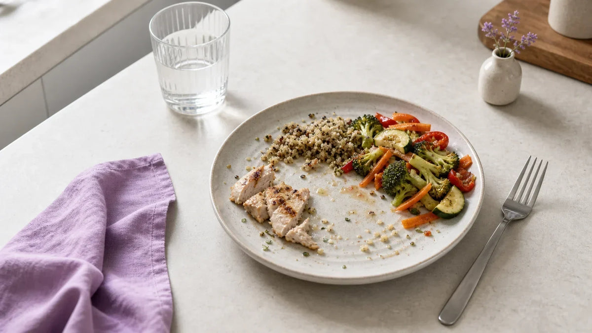 Une assiette à moitié consommée évoque une pause pour écouter sa faim