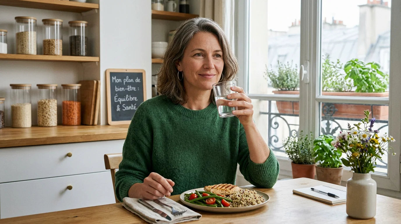 Femme sereine prenant un repas léger pendant un traitement GLP-1