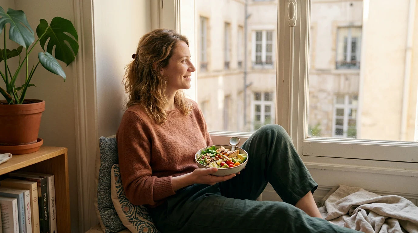 Femme savourant un repas équilibré à la maison pour perdre du poids sans sport