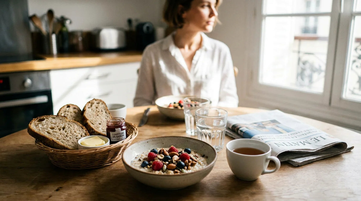 Petit-déjeuner équilibré adapté au diabète avec flocons d'avoine, fruits et pain complet