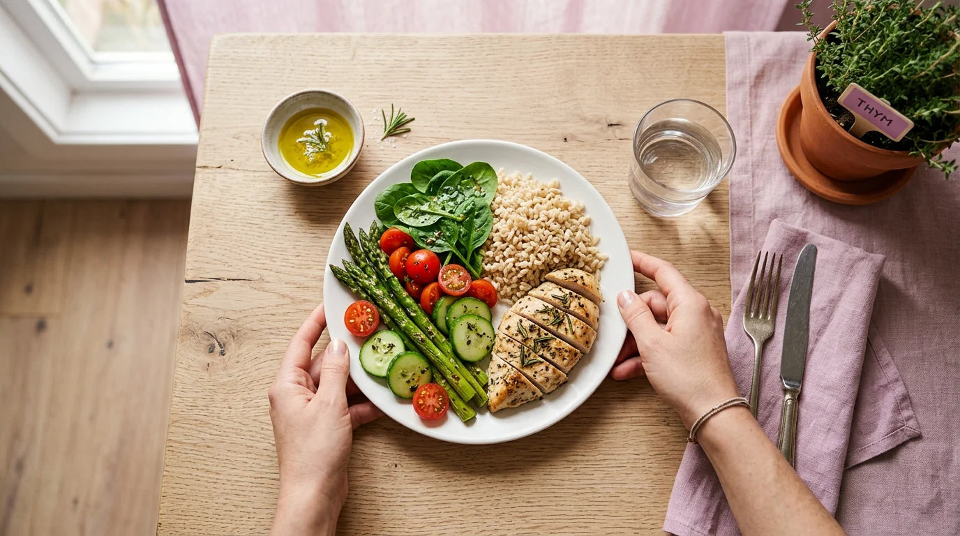 Assiette équilibrée avec moitié légumes, quart protéines et quart féculents