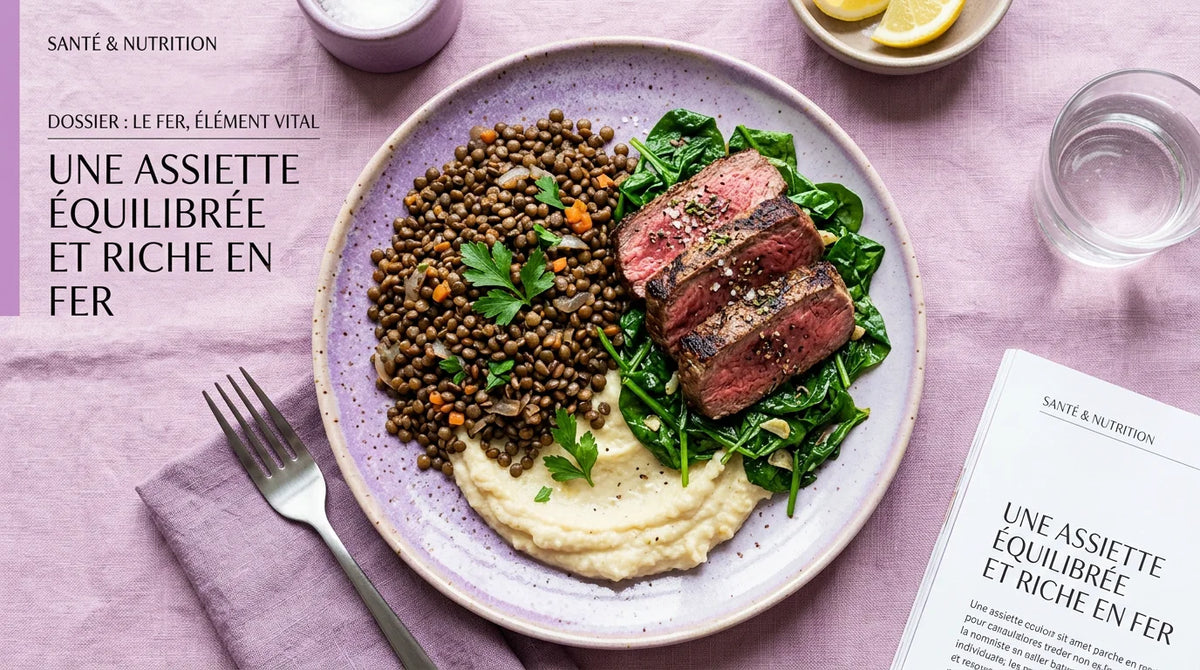 Assiette équilibrée d'aliments riches en fer sur fond aux tons violets
