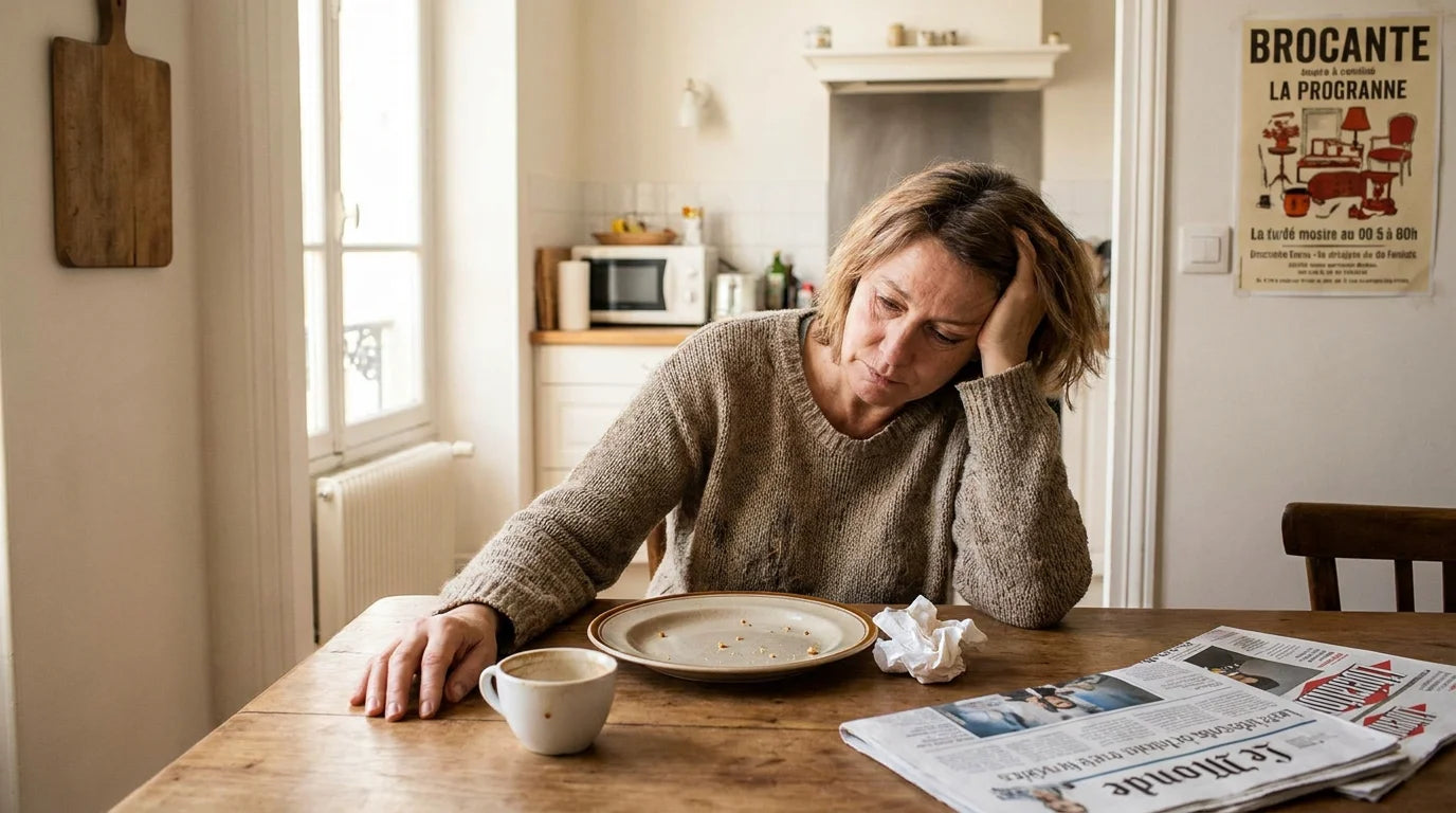 Personne fatiguée devant une assiette insuffisante illustrant la fatigue sous traitement GLP-1