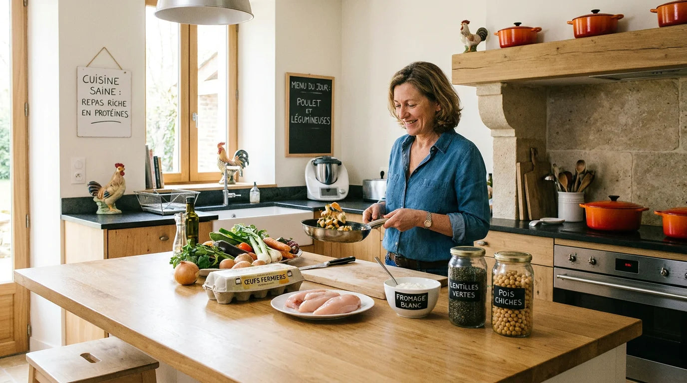 Personne préparant un repas riche en protéines adapté à un traitement GLP-1