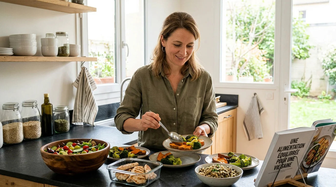 Femme réajustant ses portions de repas équilibré dans une cuisine lumineuse