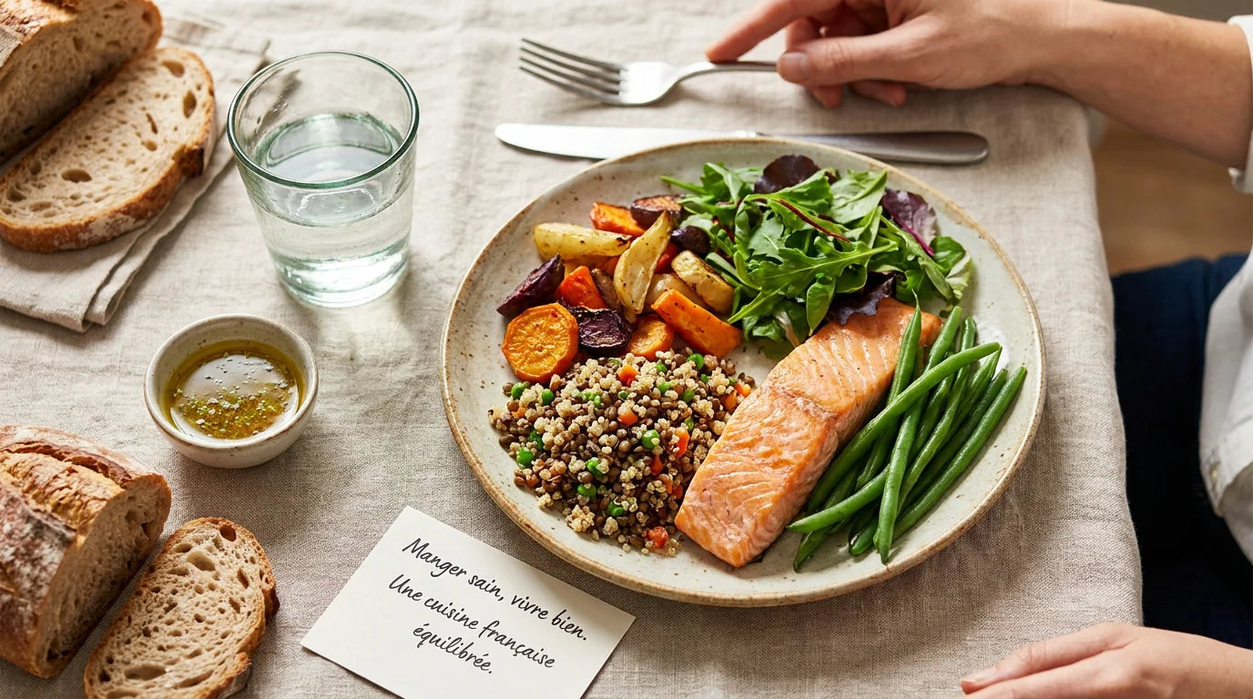 Repas équilibré vu de dessus sur une table française pour un programme minceur