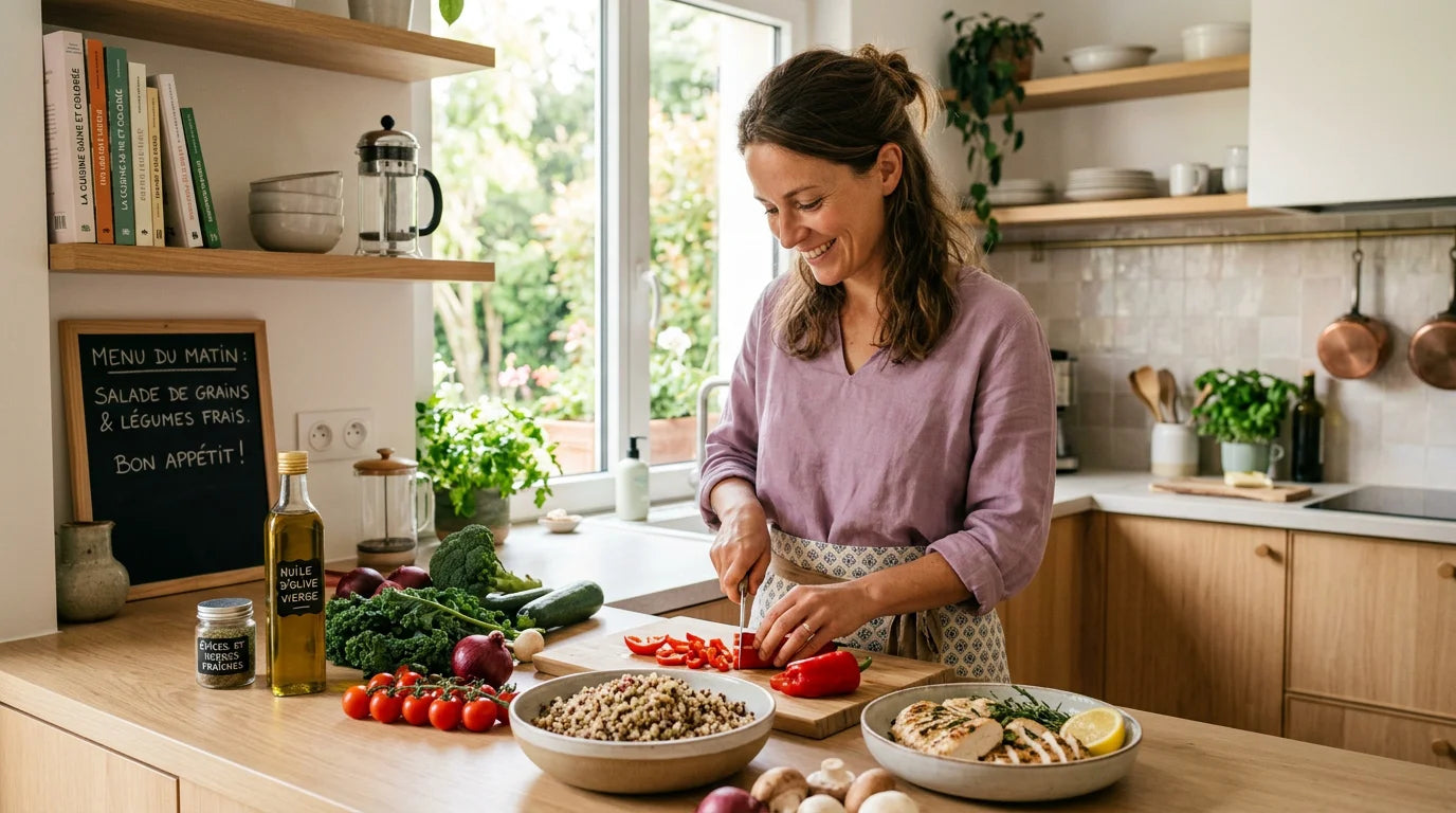 Femme européenne préparant un repas équilibré et coloré dans une cuisine lumineuse