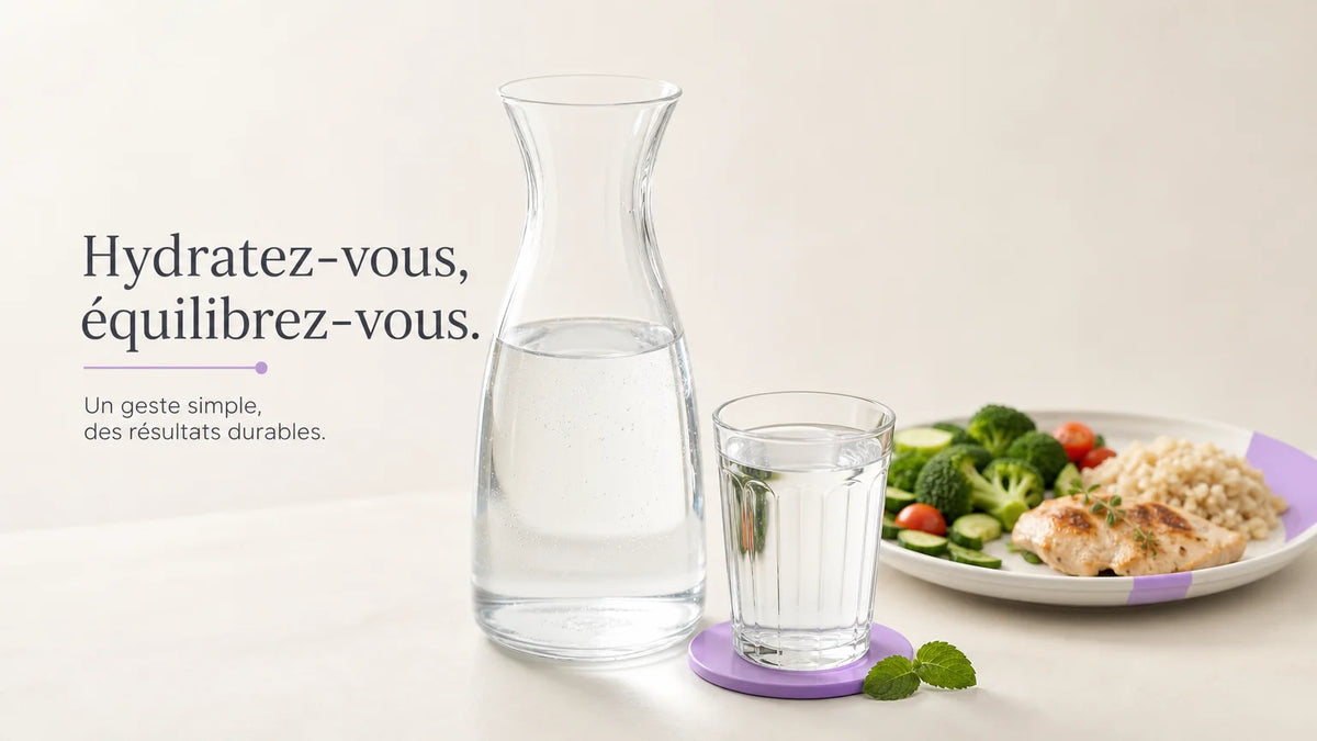 Carafe d’eau et repas équilibré pour illustrer l’hydratation et la perte de poids