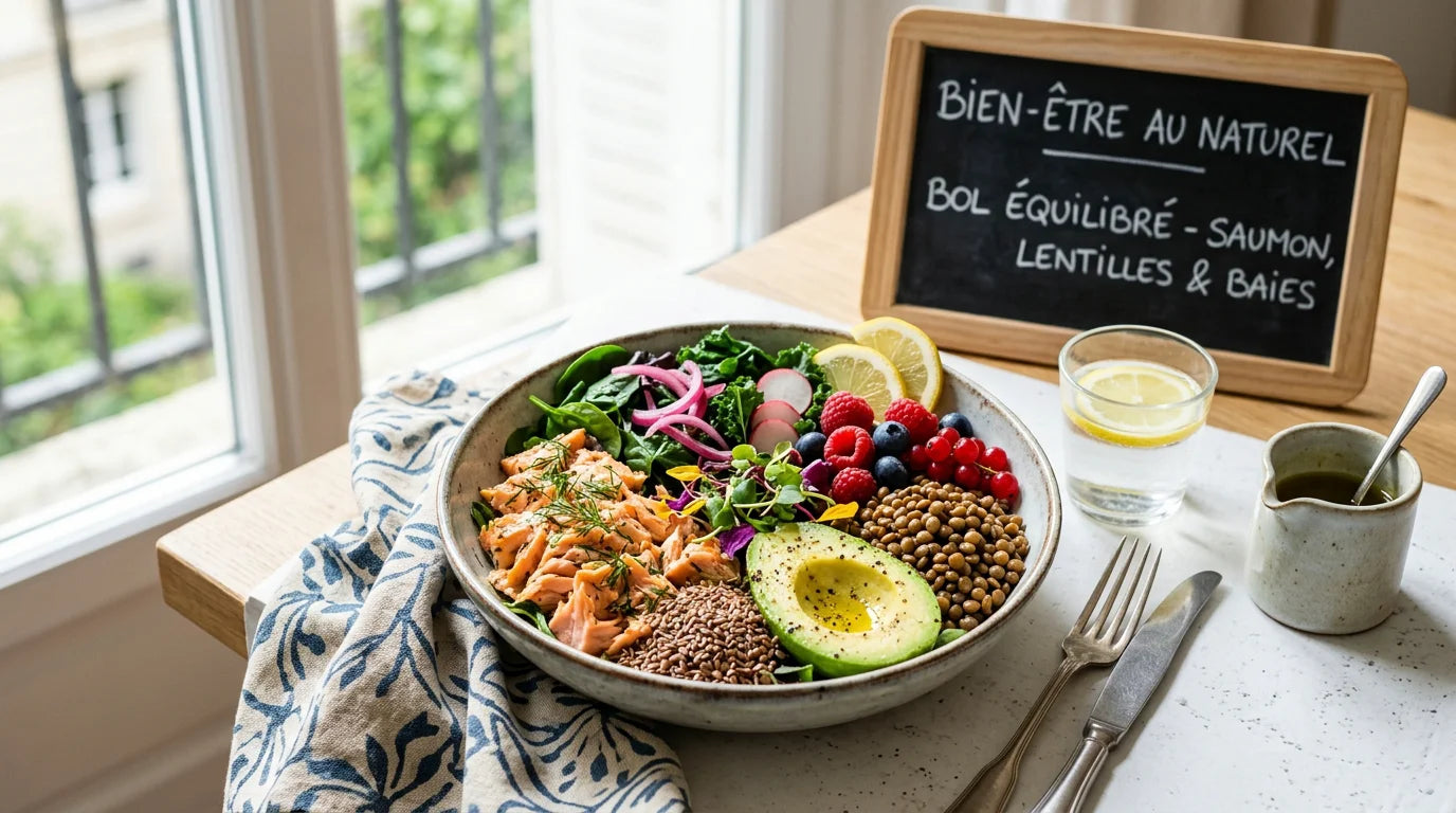 Bol repas équilibré riche en aliments favorables aux hormones féminines