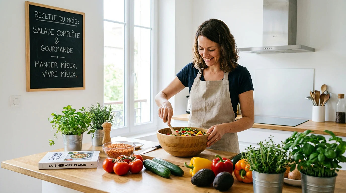 Femme européenne préparant un repas équilibré dans sa cuisine pour perdre du poids durablement