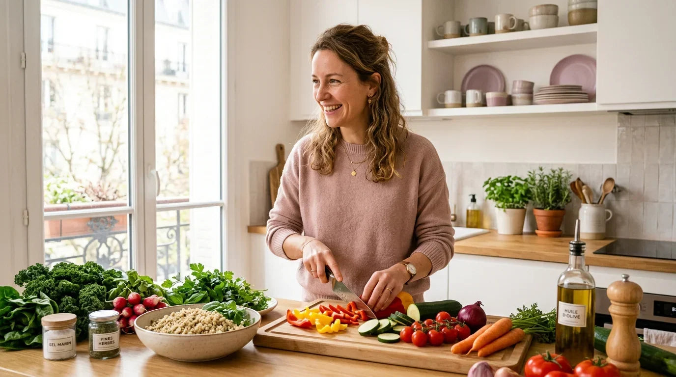 Femme préparant un repas équilibré et coloré dans une cuisine lumineuse
