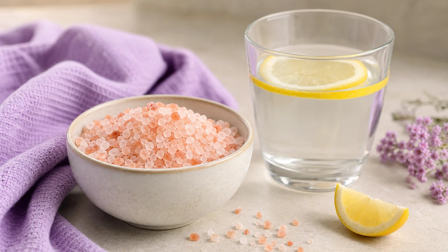 Bol de sel rose de l'Himalaya et verre d'eau citronnée sur un plan de travail