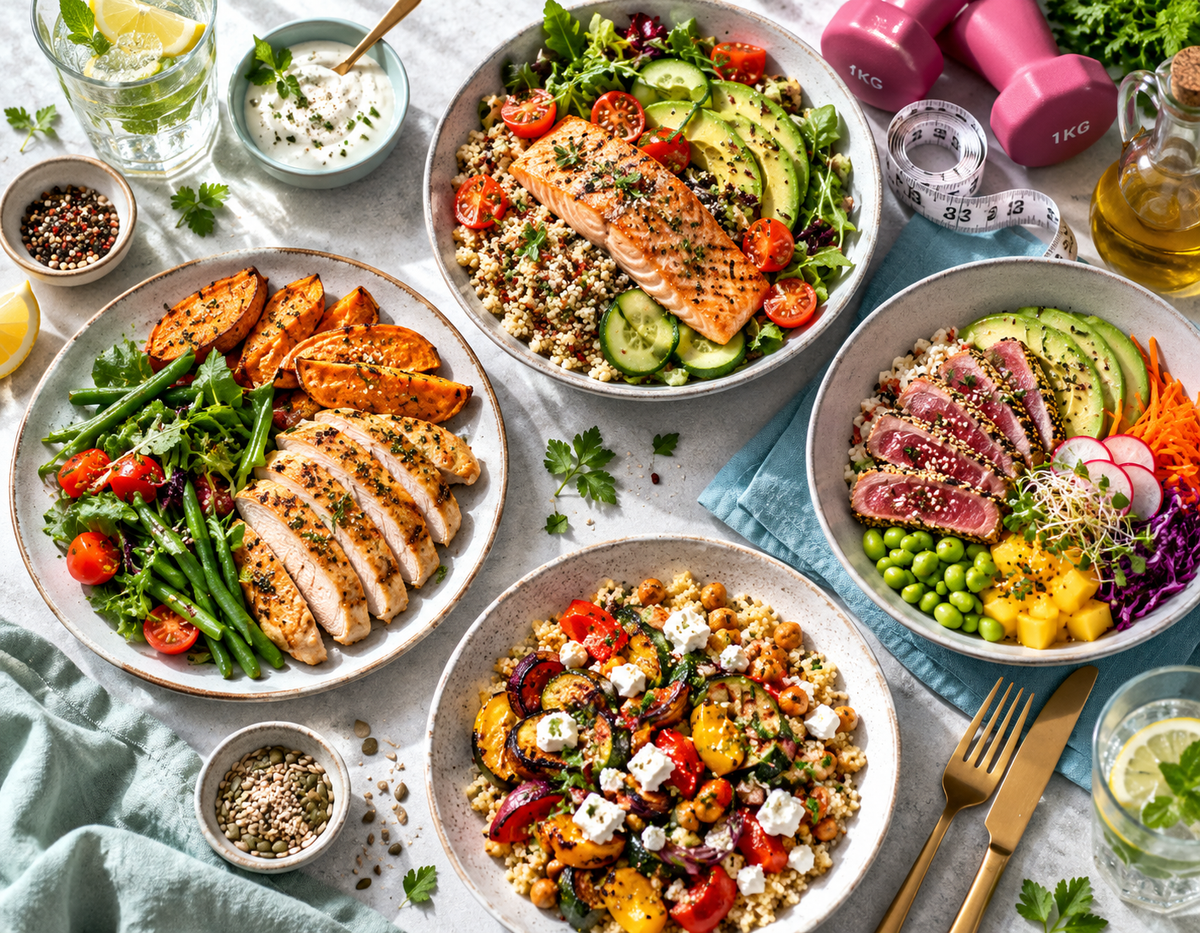 Repas équilibrés vu de dessus sur une table française pour un programme minceur