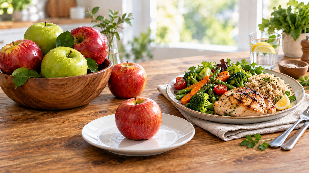 photo avec des pommes et une assiette équilibrée