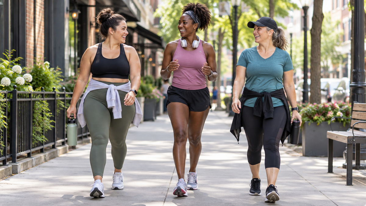 Femmes marchent à vive allure en ville pour favoriser sa perte de poids
