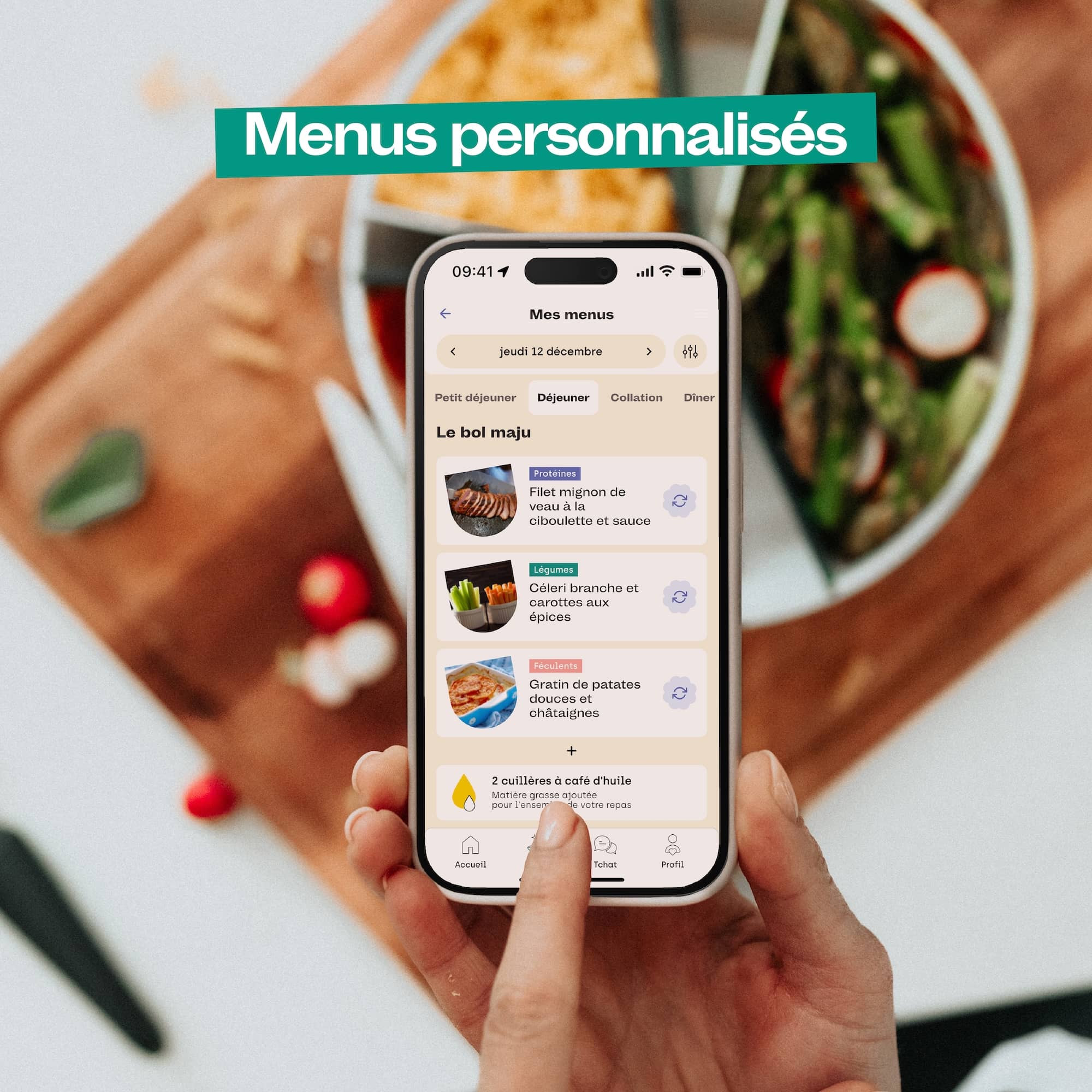 Photo de l'application maju montrant les déjeuners inclus en illimité, avec un bol en arrière plan.