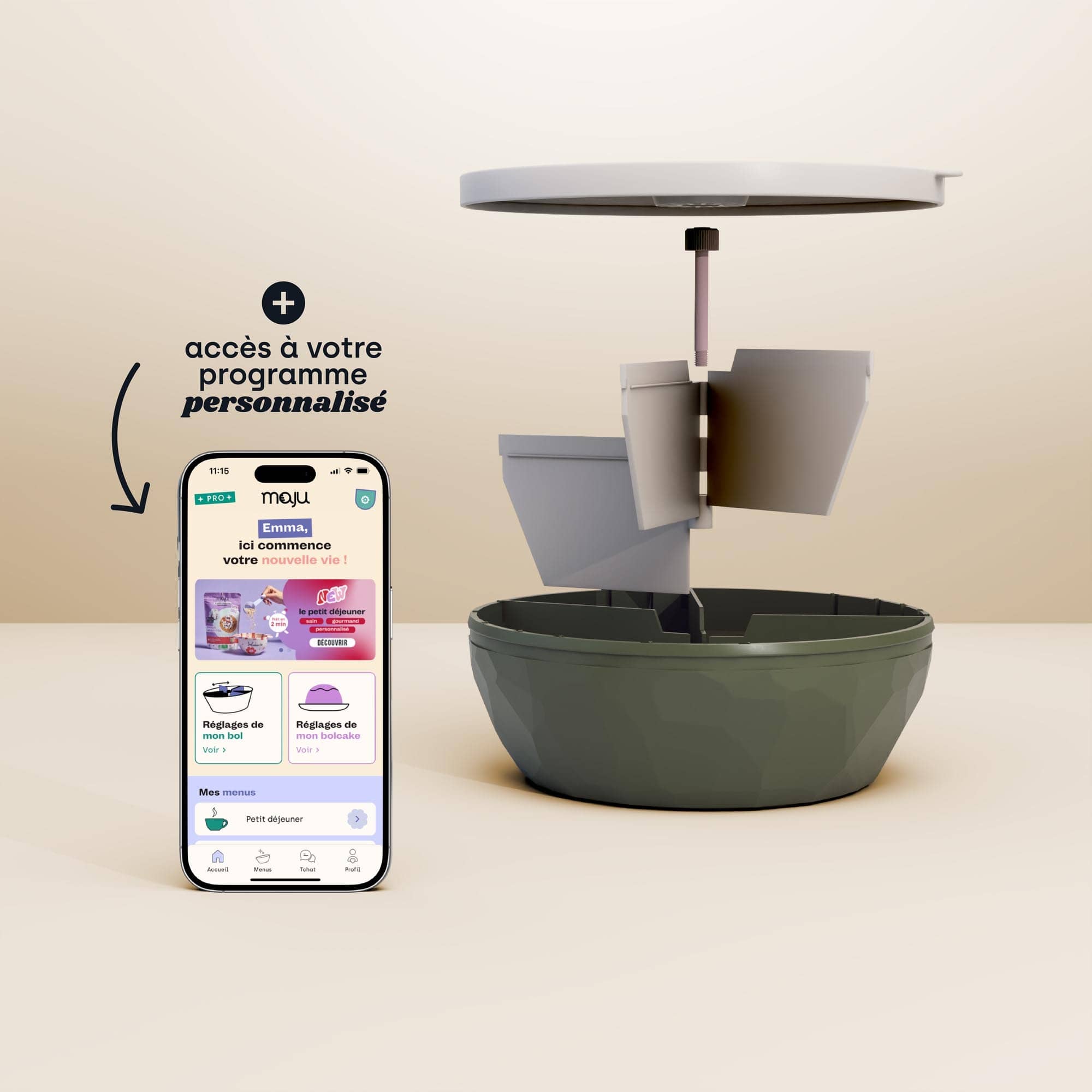 Bol de couleur kaki présenté sur une vue éclatée de tous les éléments, avec un téléphone en 3D montrant l'application maju.