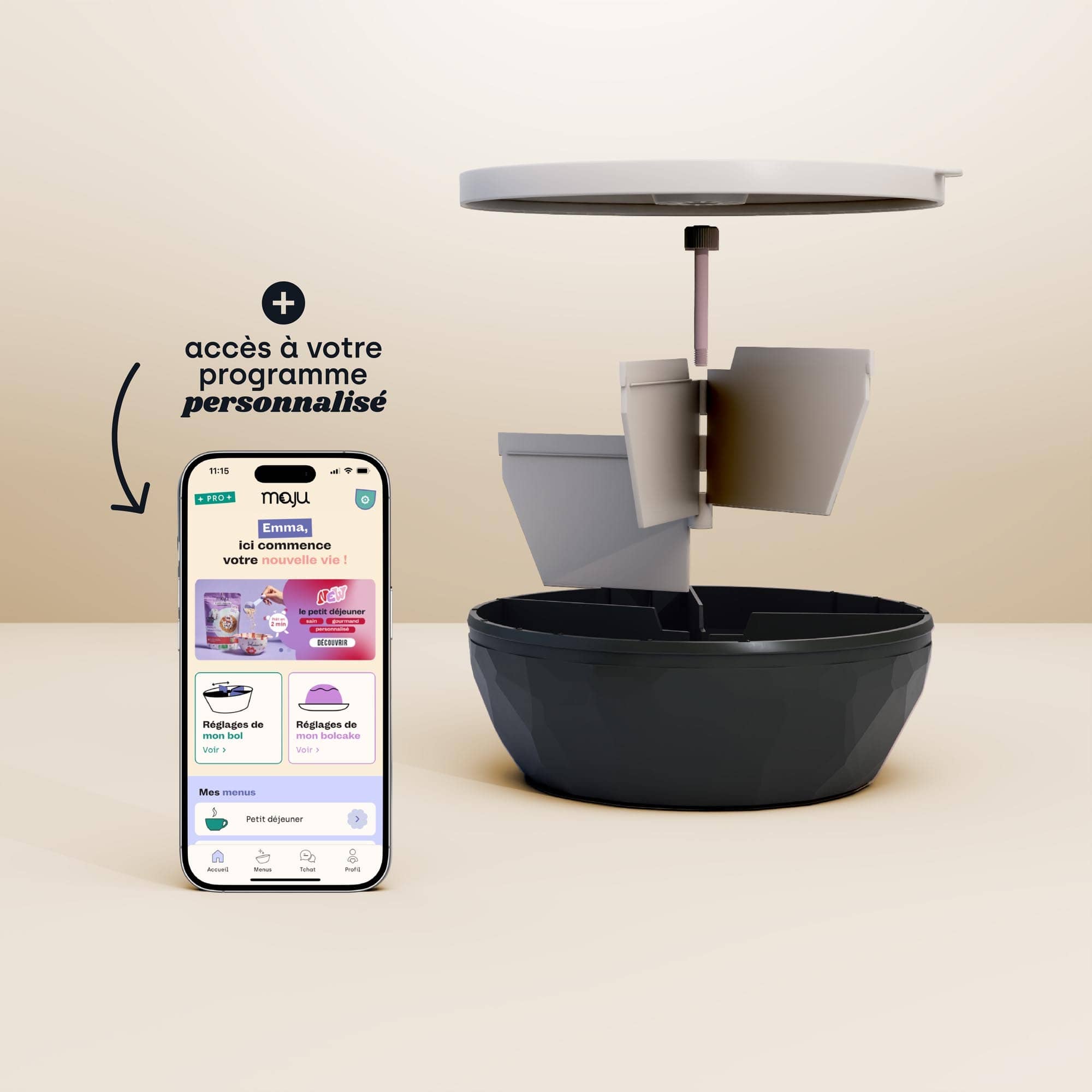 Bol de couleur noir présenté sur une vue éclatée de tous les éléments, avec un téléphone en 3D montrant l'application maju.