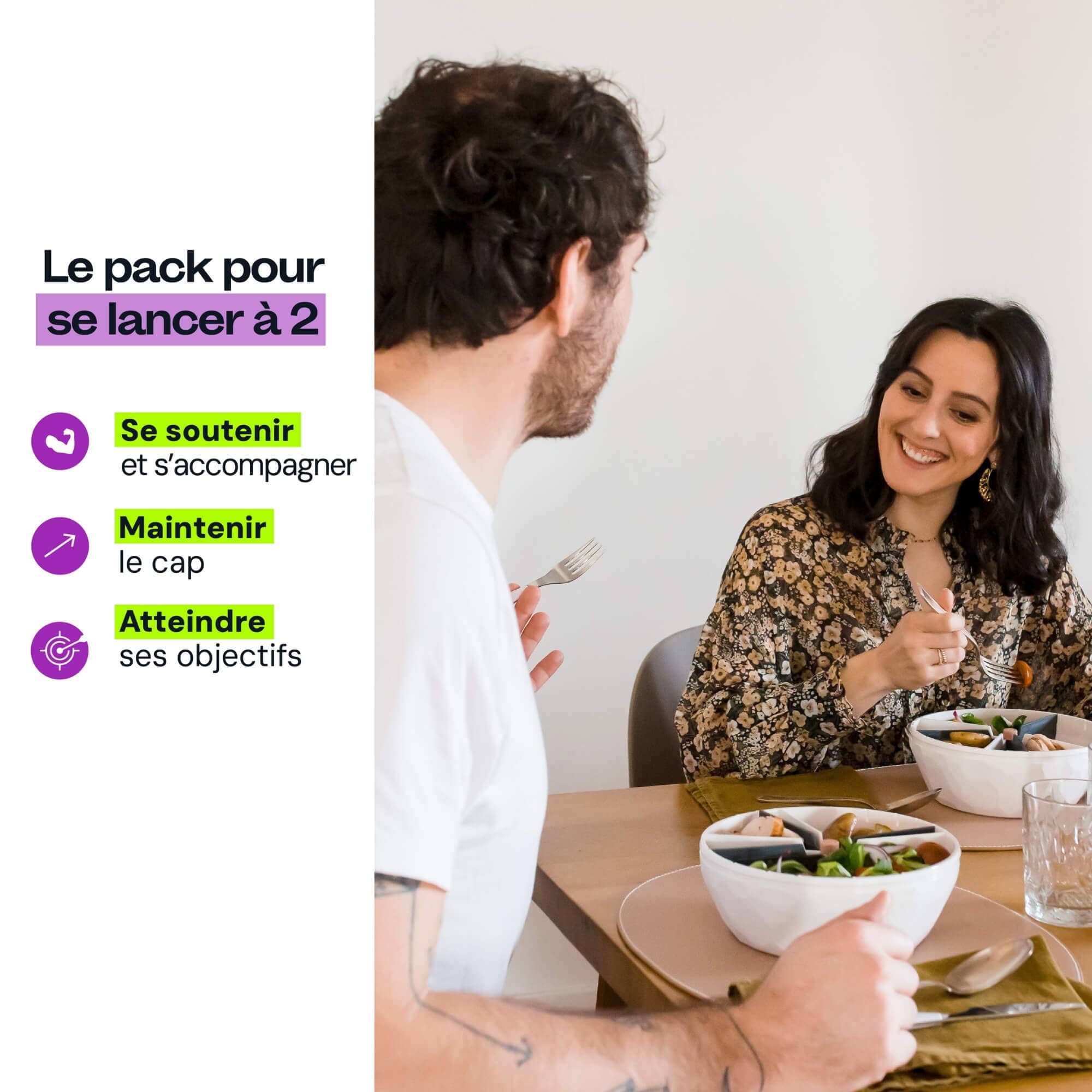 Le pack Duo est idéal pour se lancer à 2 avec chacun son bol maju.1 bol maju de couleur kaki et 1 bol maju de couleur blanc avec l'application maju ouverte sur un smartphone.