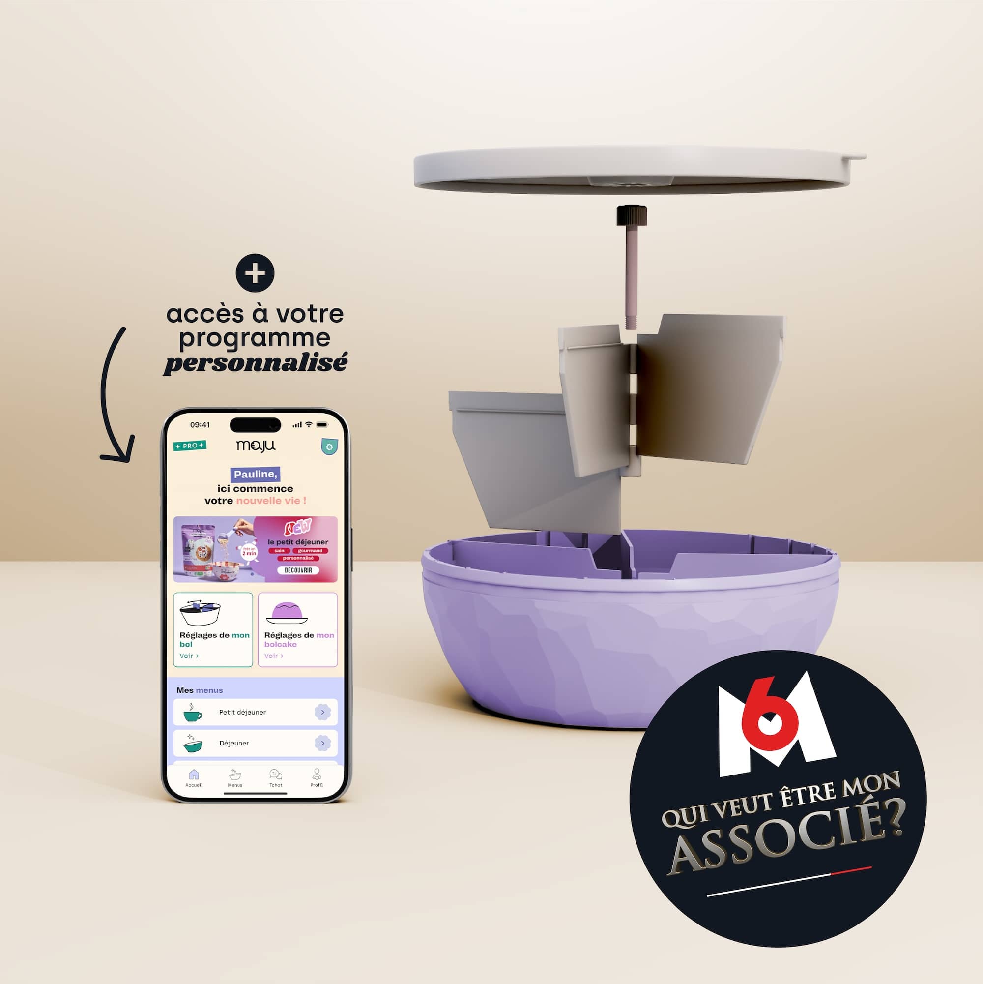 Bol de couleur violet présenté sur une vue éclatée de tous les éléments, avec un téléphone en 3D montrant l'application maju.