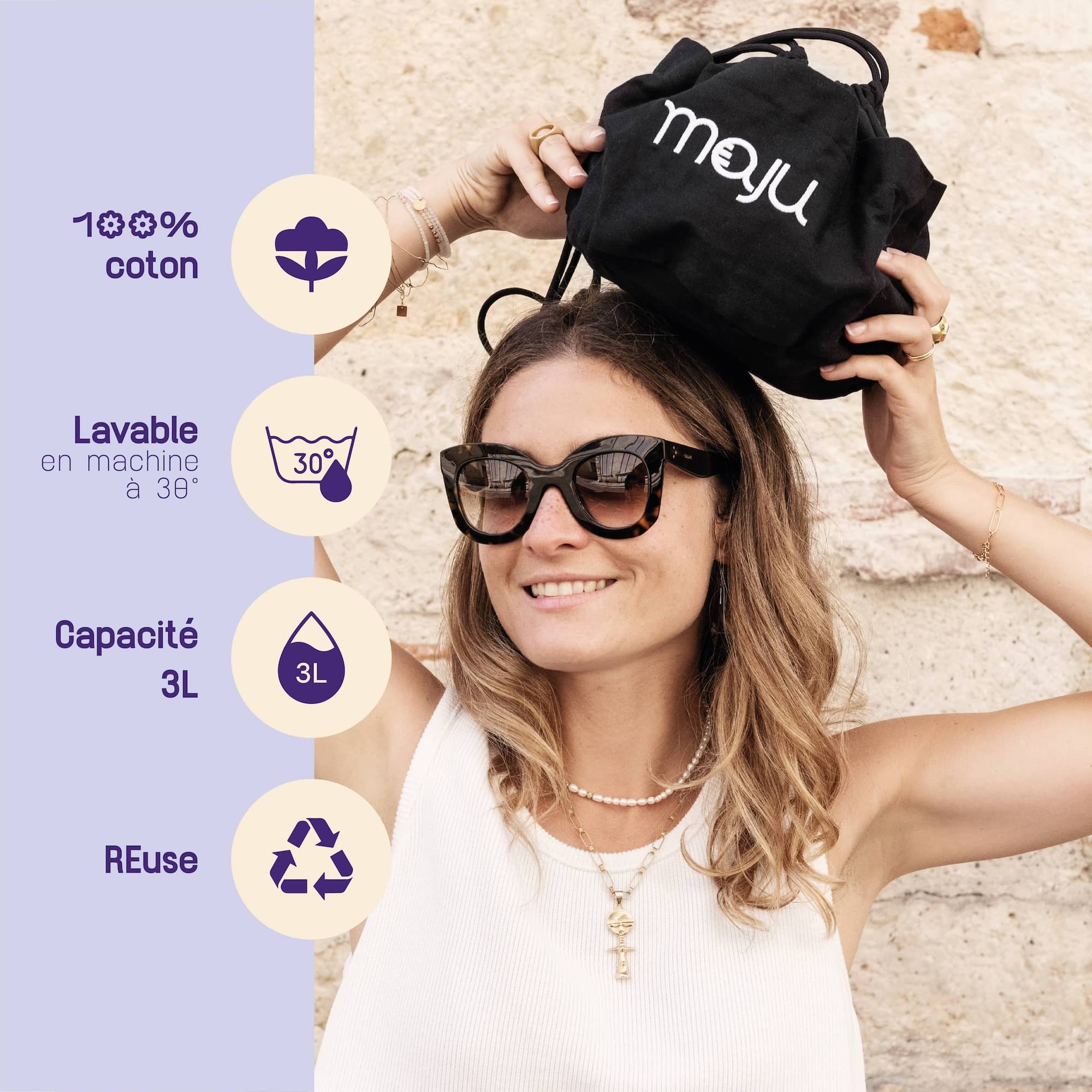 Caractéristiques du sac de transport maju en coton et de couleur noir.