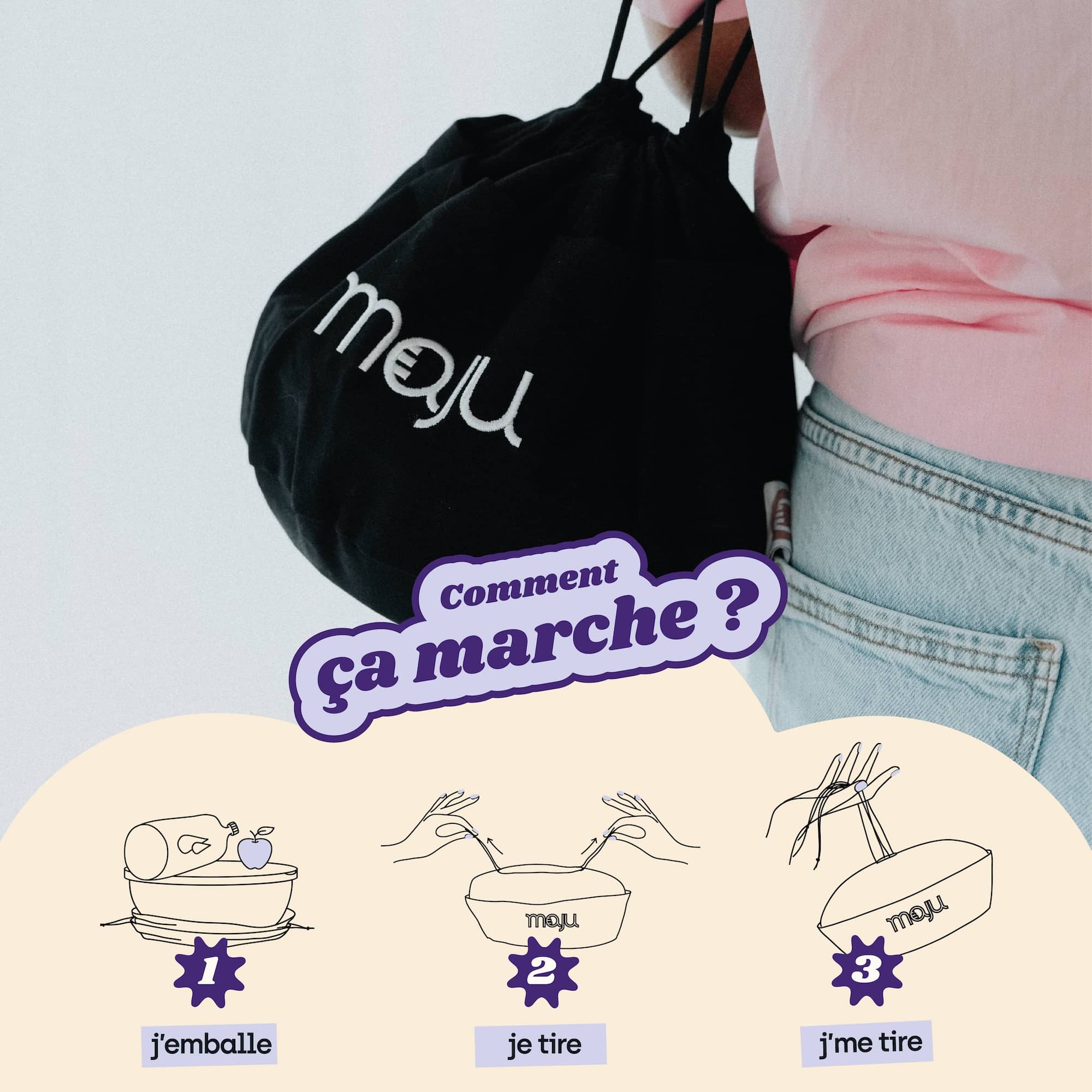 Fonctionnement du sac de transport maju en coton et de couleur noir.