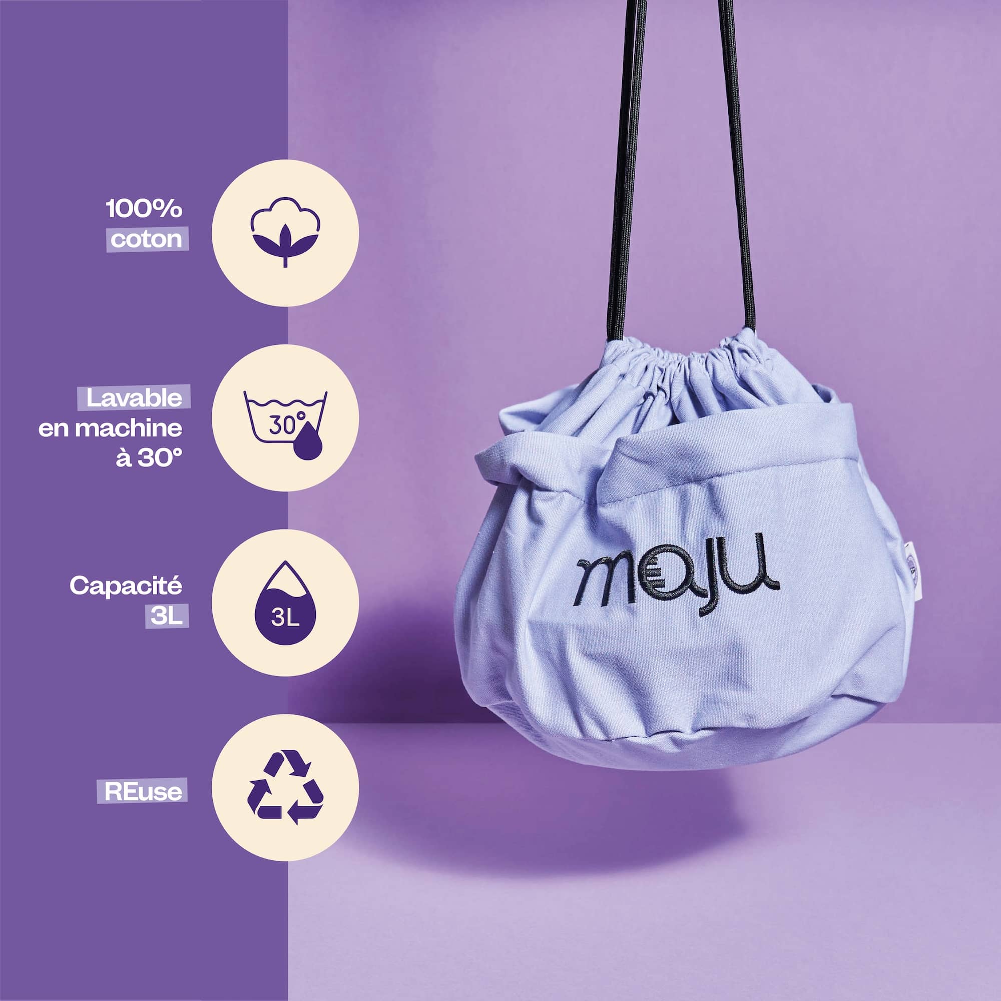 Caractéristiques du sac de transport maju en coton et de couleur violet.