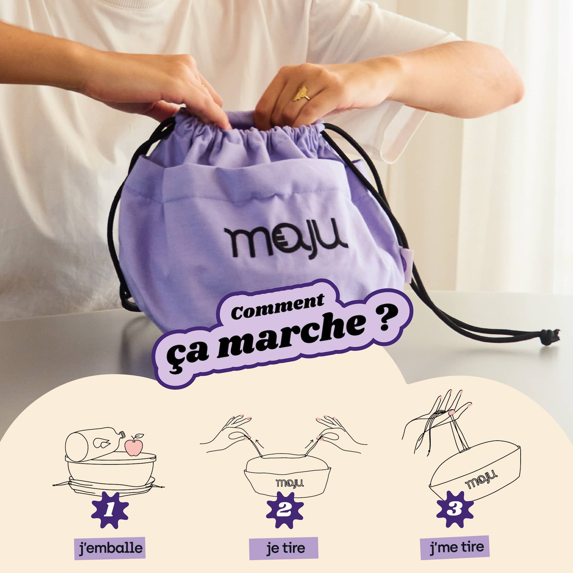 Fonctionnement du sac de transport maju en coton et de couleur violet.