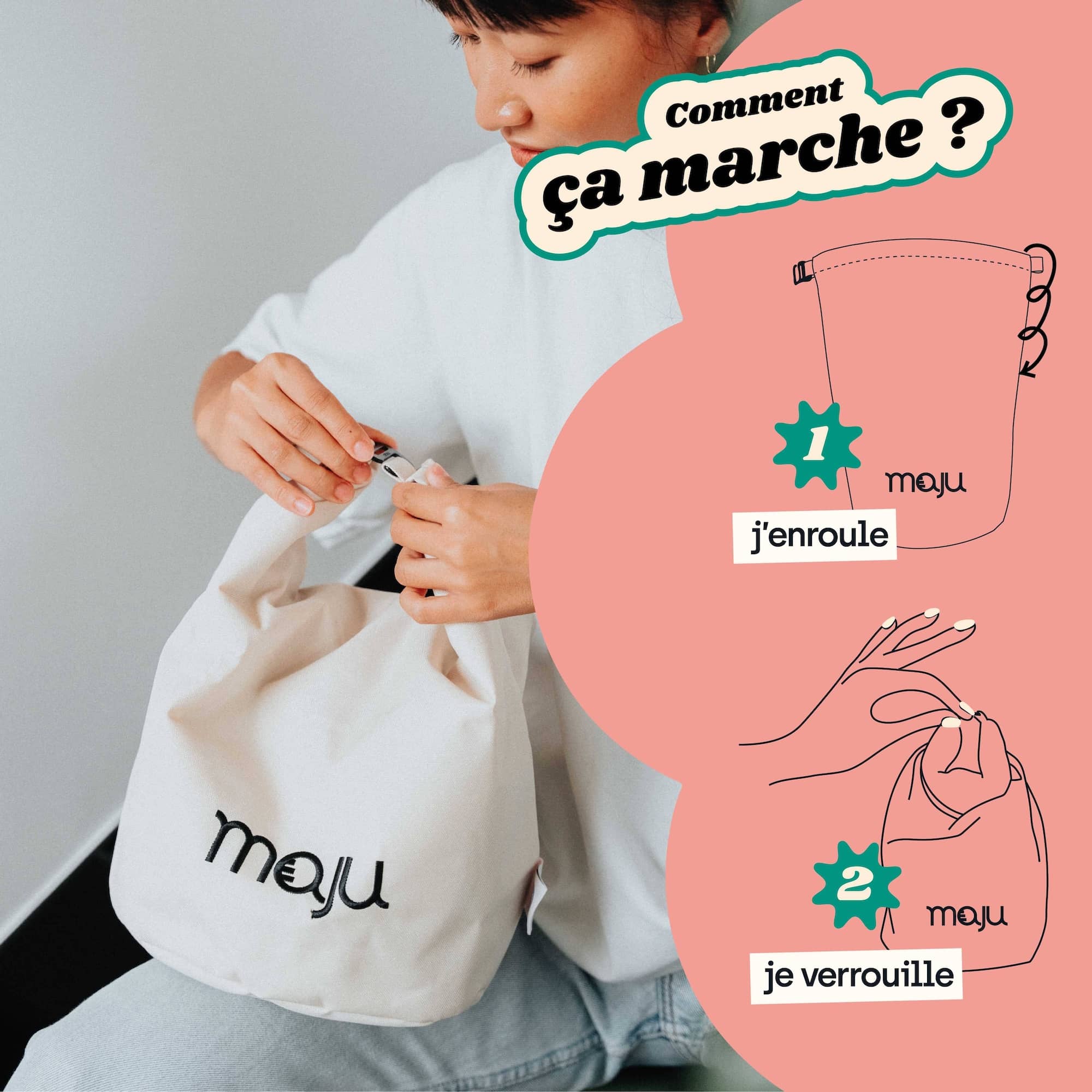 Fonctionnement de la fermeture du sac isotherme maju de couleur beige.