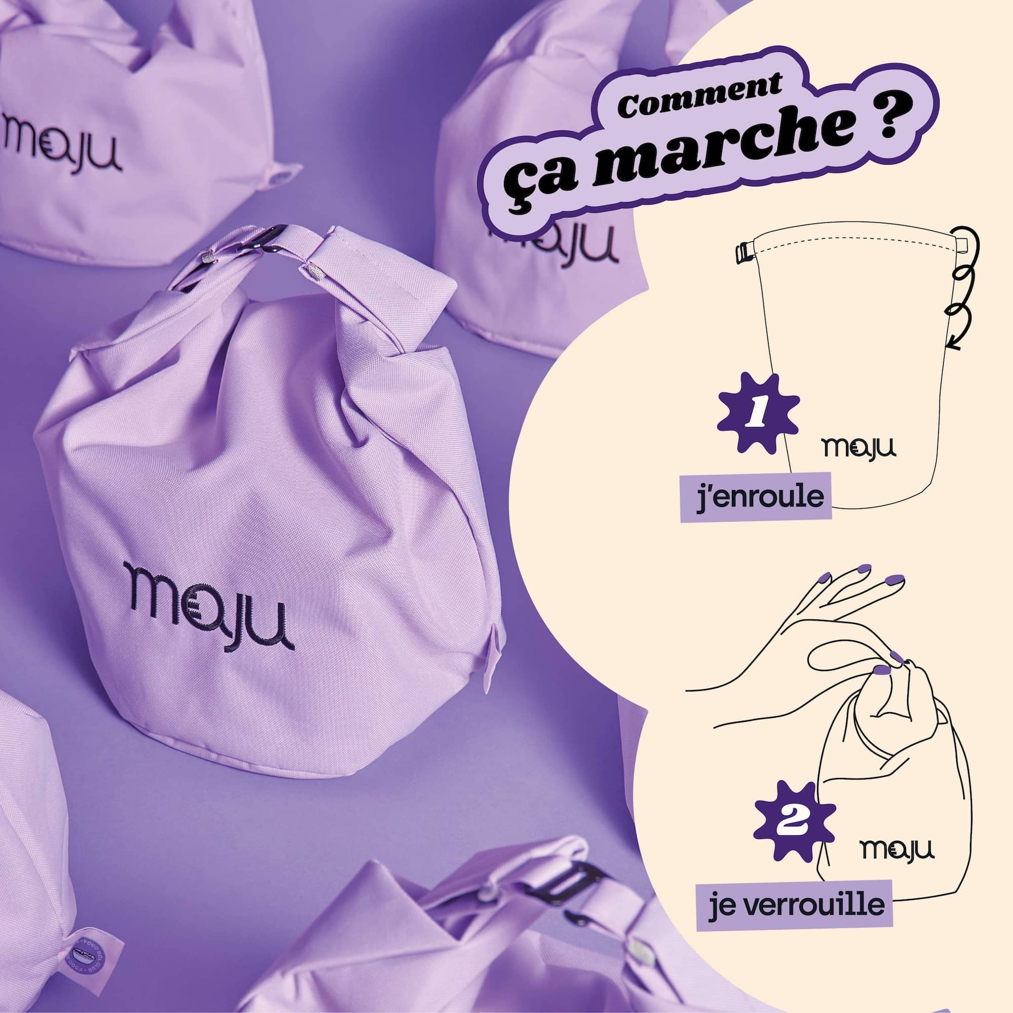 Fonctionnement de la fermeture du sac isotherme maju de couleur violet.