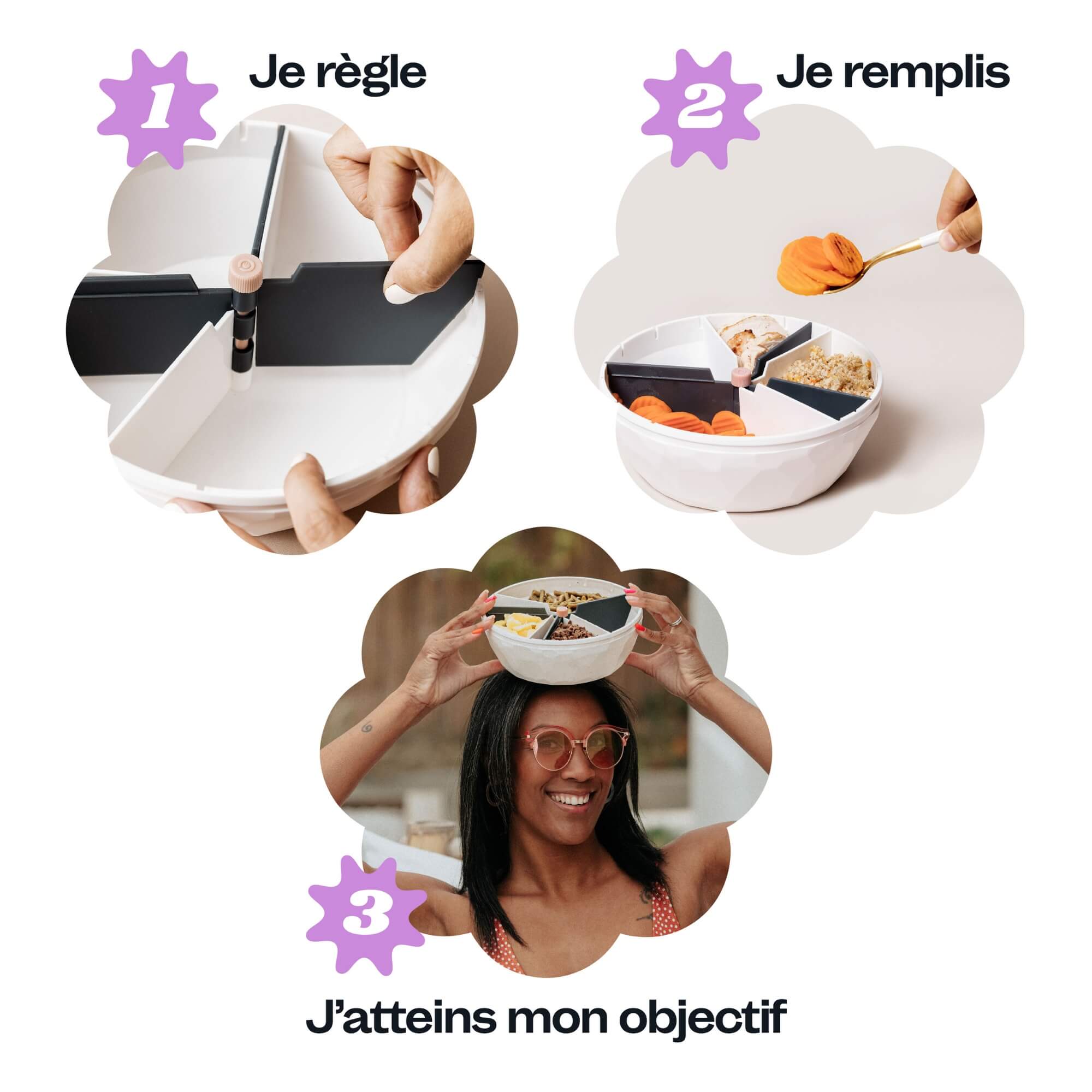 Les simples étapes pour utiliser le bol maju : régler son bol, le remplir, et c'est tout.