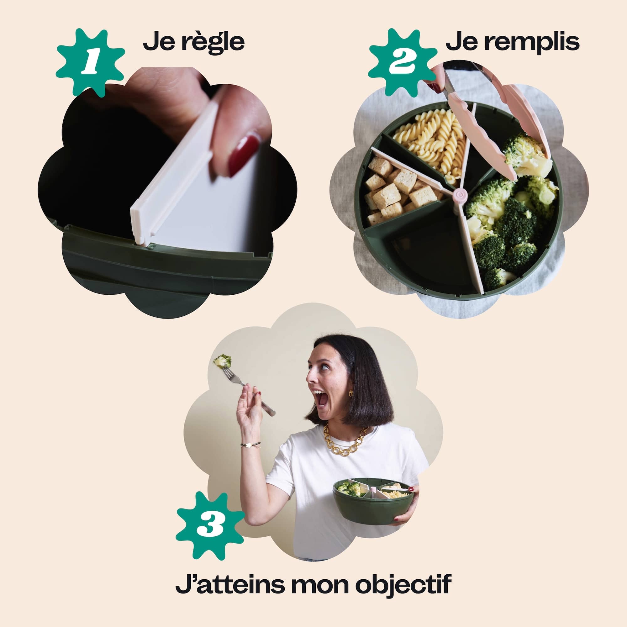Les simples étapes pour utiliser le bol maju kaki : régler son bol, le remplir, et c'est tout.