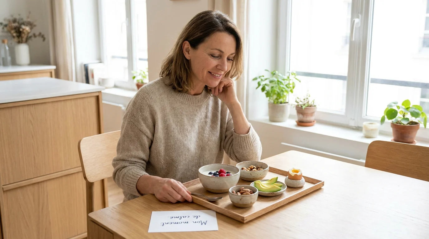 Personne préparant un petit repas équilibré dans sa cuisine, adapté à un traitement GLP-1