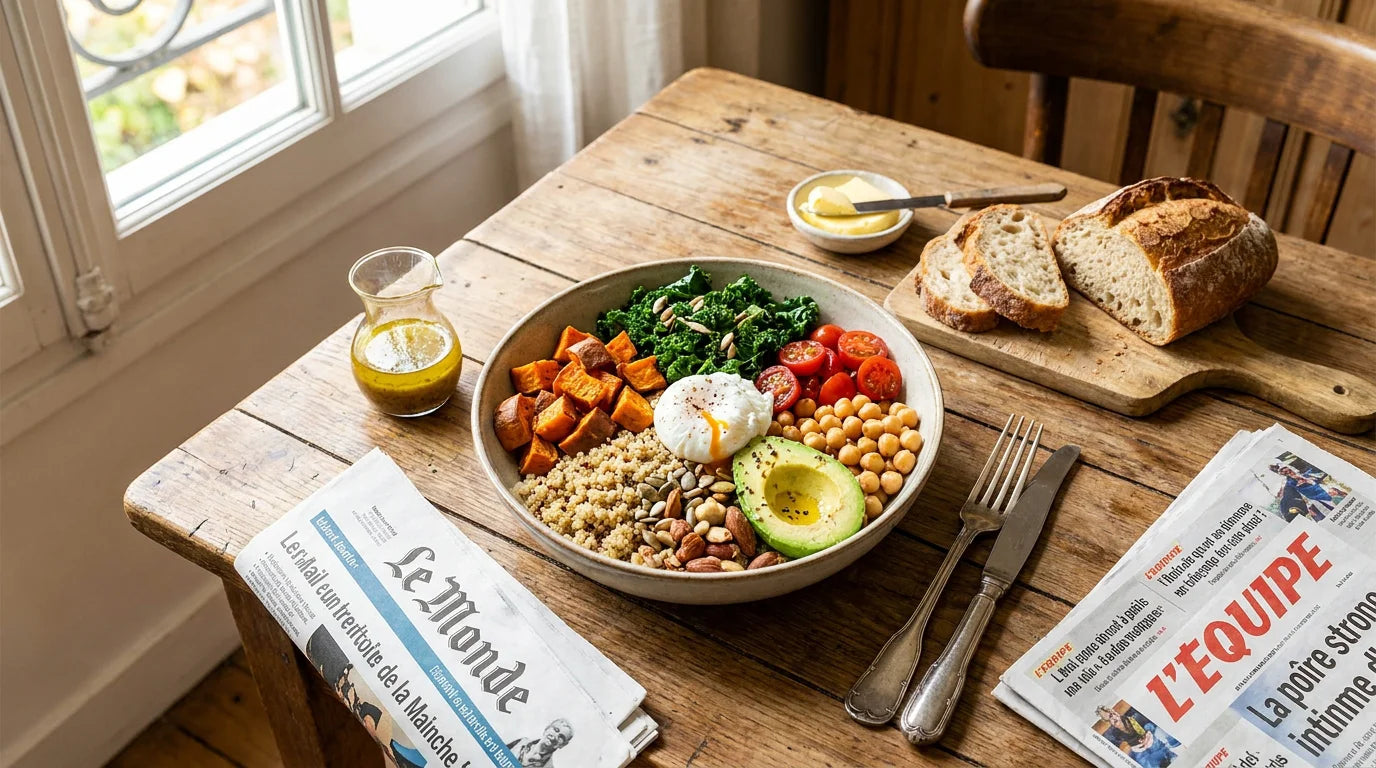 Bol de repas équilibré avec légumes, protéines et féculents sur une table française