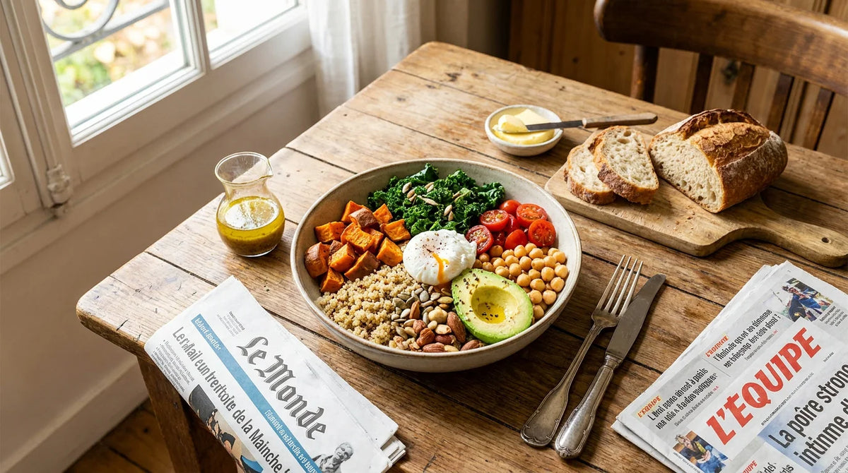 Bol de repas équilibré avec légumes, protéines et féculents sur une table française