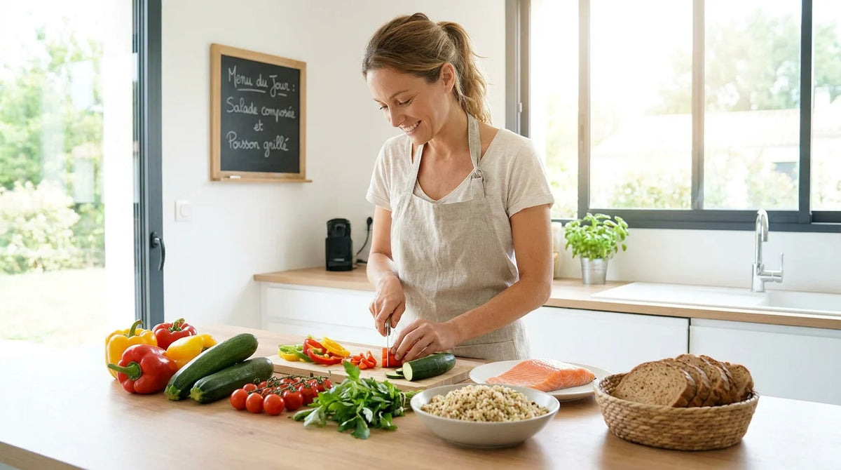 Personne préparant un repas équilibré dans une cuisine française pour accompagner un traitement GLP-1
