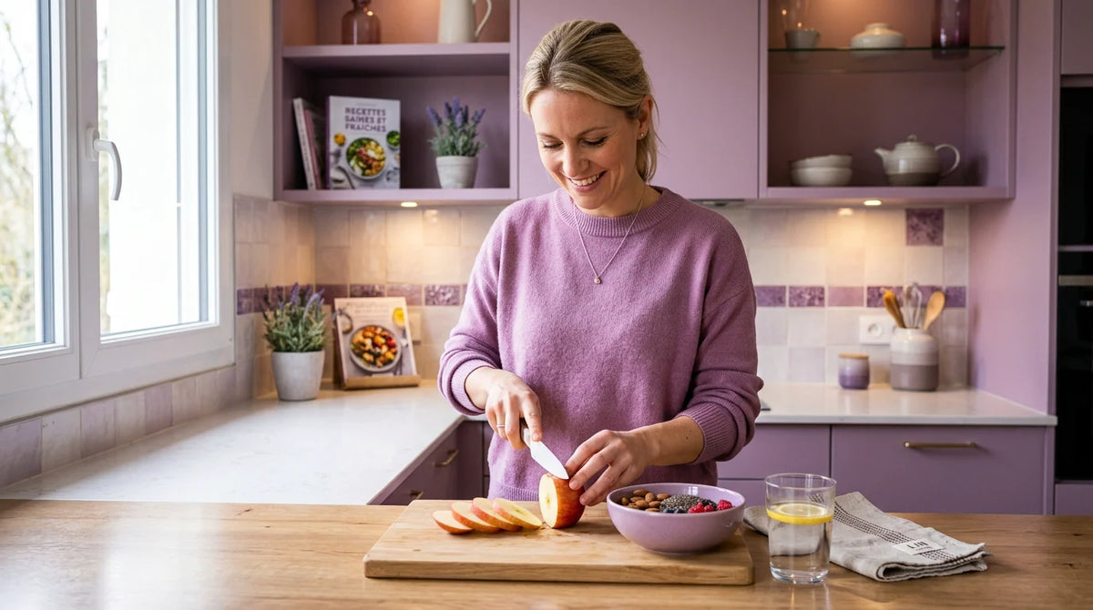 Femme européenne préparant une collation coupe-faim naturelle dans une cuisine lumineuse