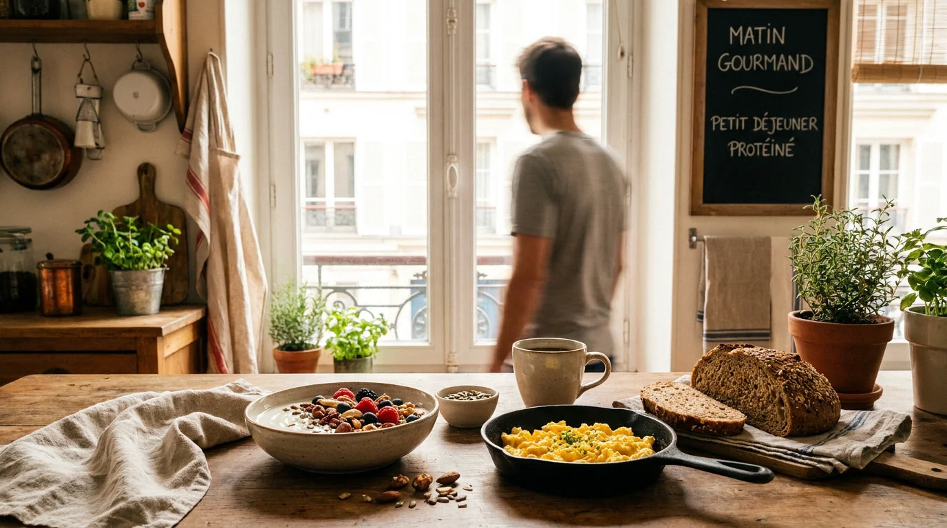 Cuisine lumineuse avec un petit-déjeuner protéiné complet posé sur le plan de travail