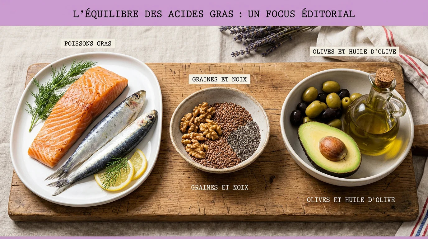 Sources d'oméga 3, 6 et 9 : poissons, graines, noix et huile d'olive