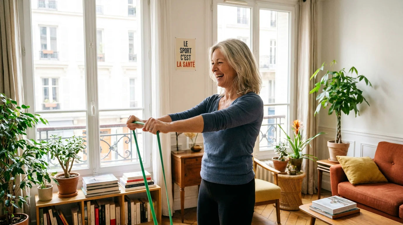Femme de 55 ans faisant du renforcement musculaire avec des élastiques pour préserver sa masse musculaire à la ménopause